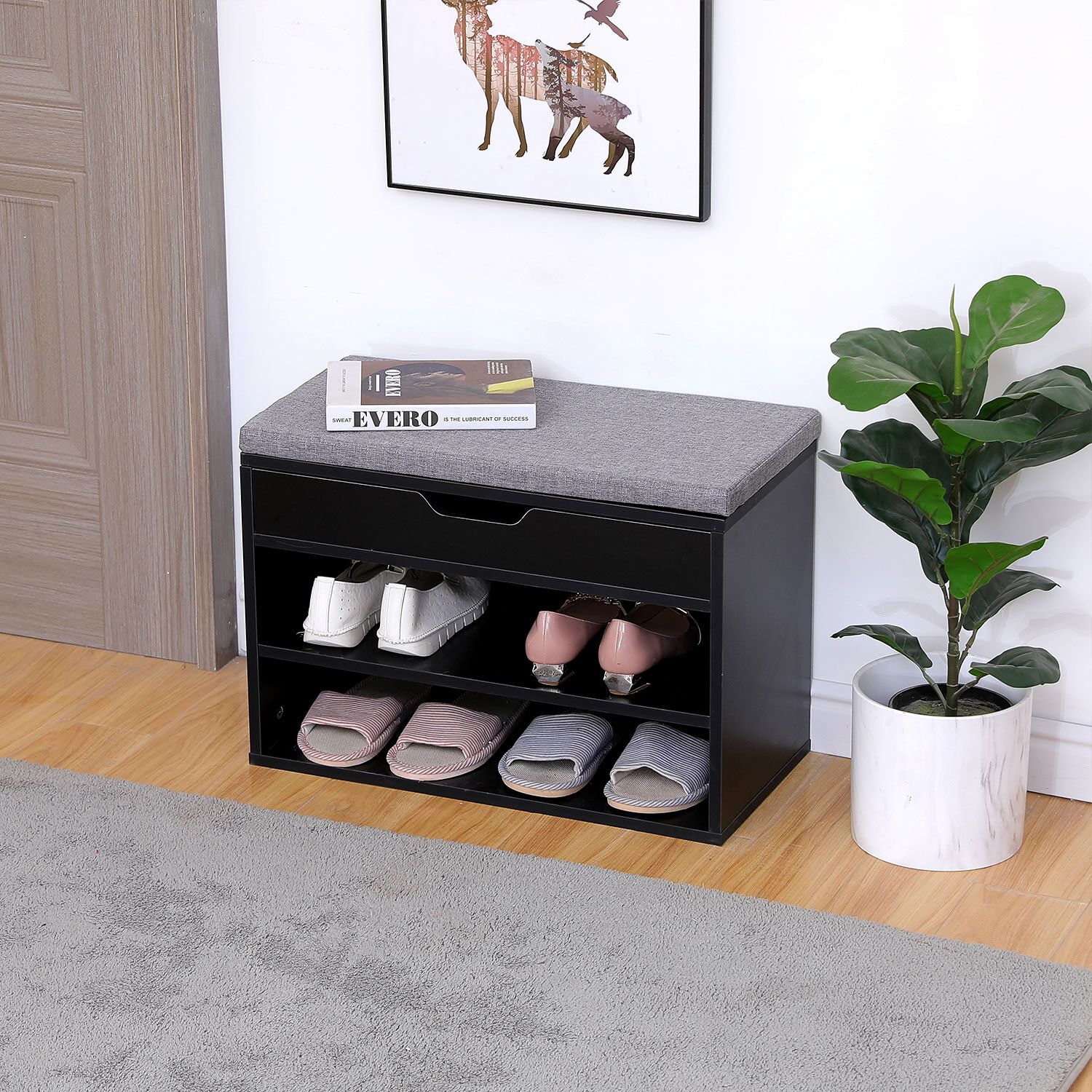 Meuble à chaussures deux casiers avec coffre noir ALAN