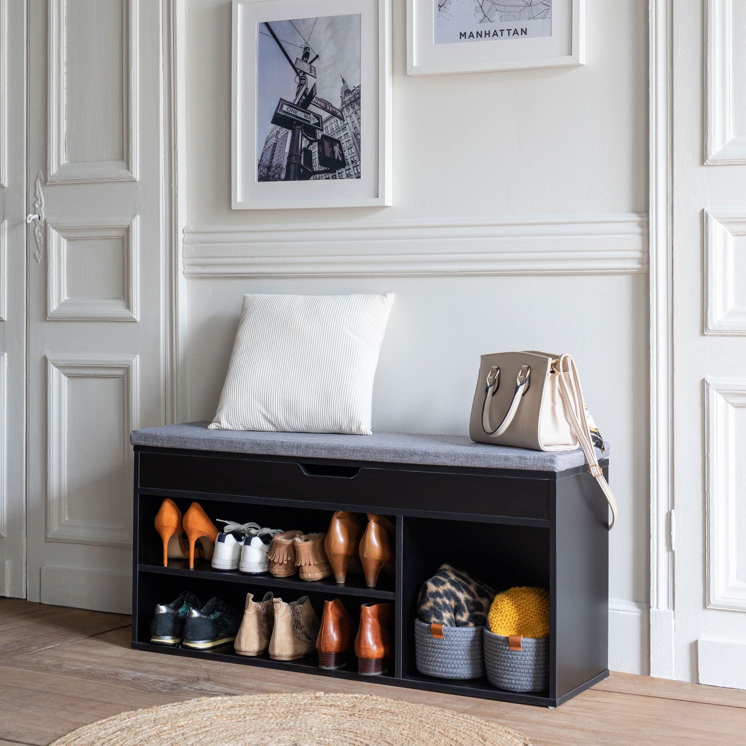 Meuble à chaussures trois casiers avec coffre noir ALAN