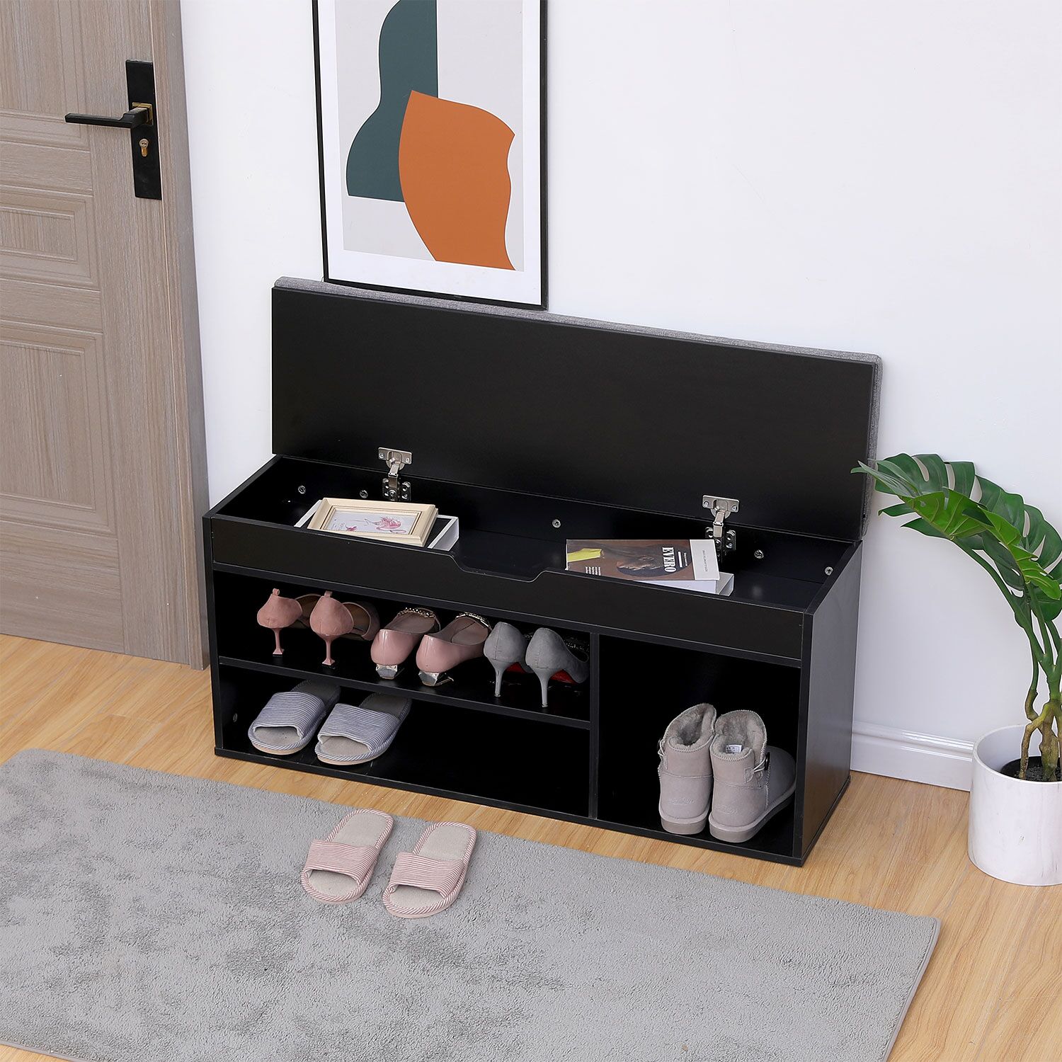 Meuble à chaussures trois casiers avec coffre noir ALAN