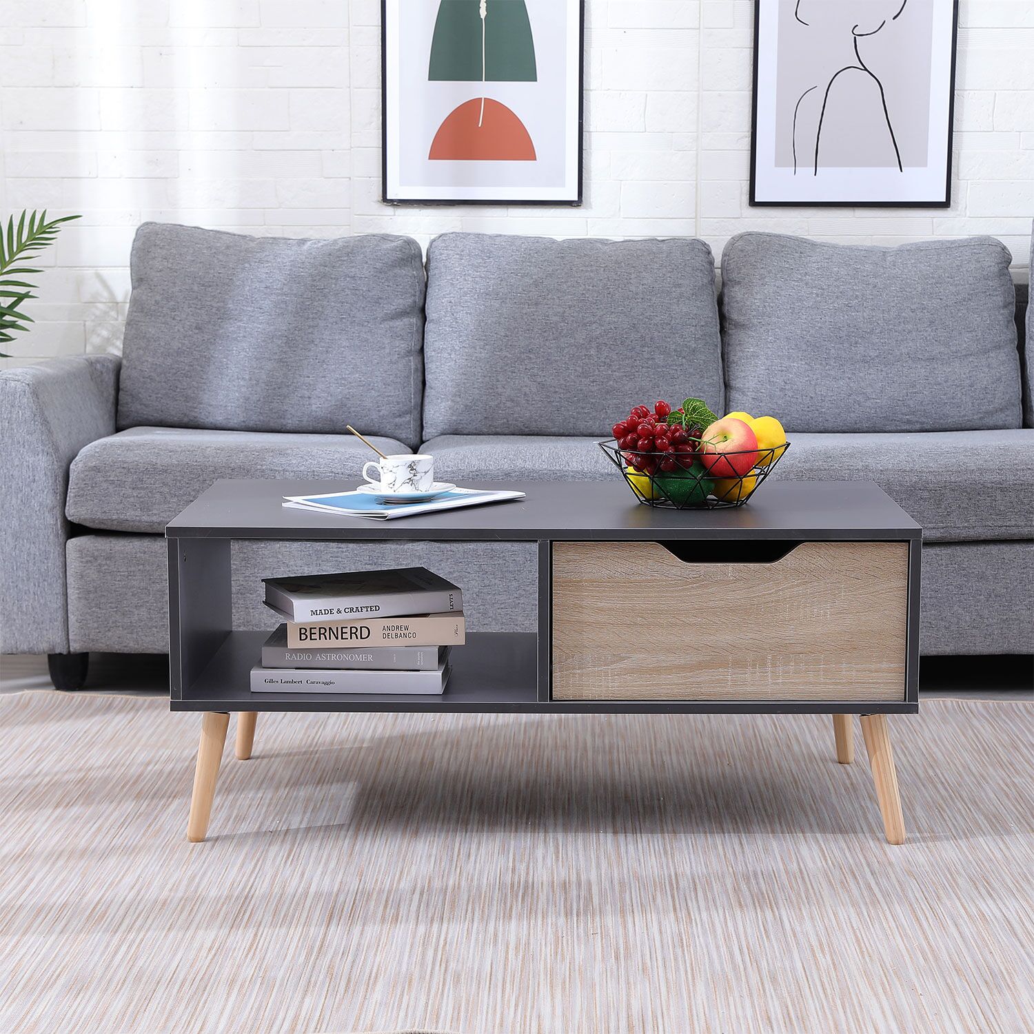 Mesa baja gris de estilo escandinavo con cajón FREJA