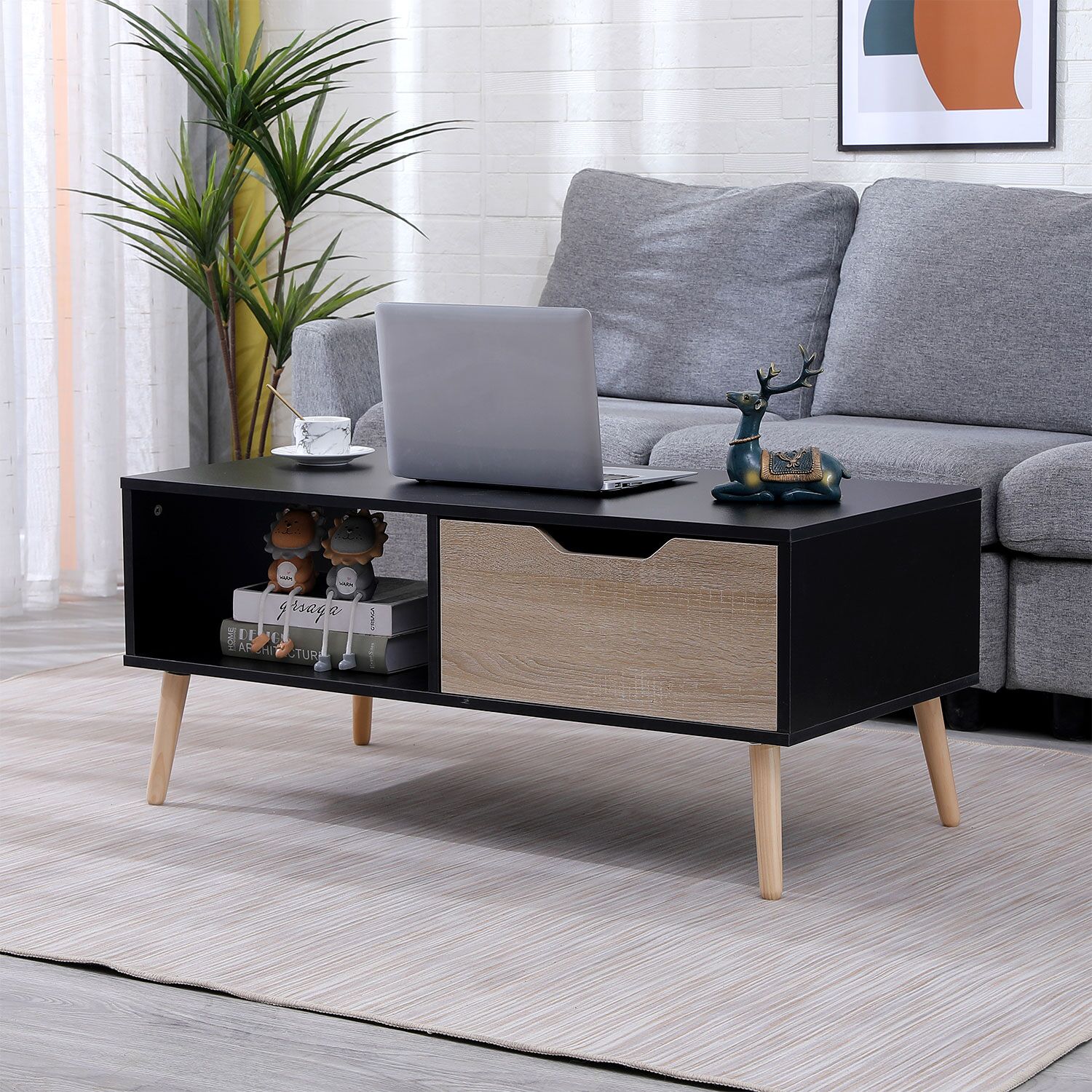 Table basse avec tiroir style scandinave noire FREJA