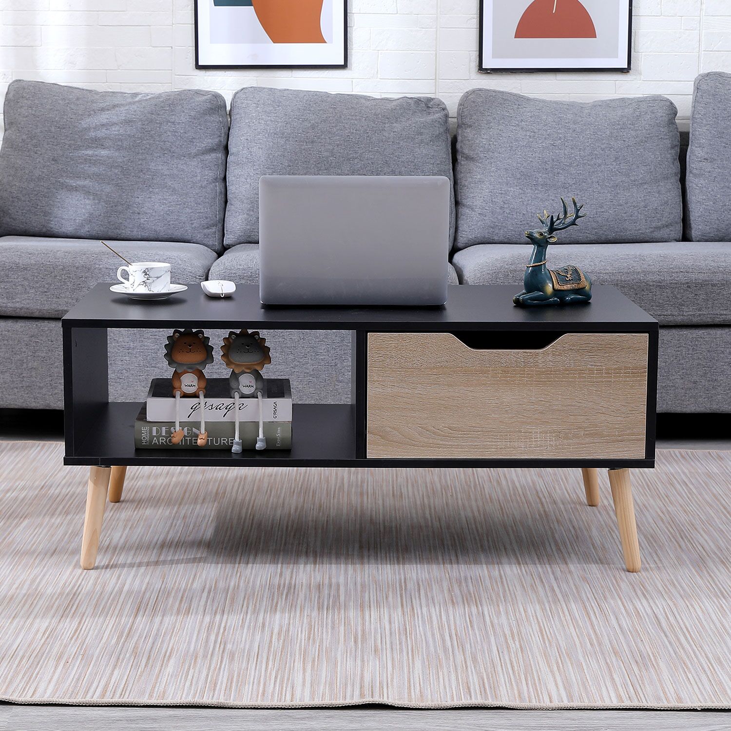 Table basse avec tiroir style scandinave noire FREJA