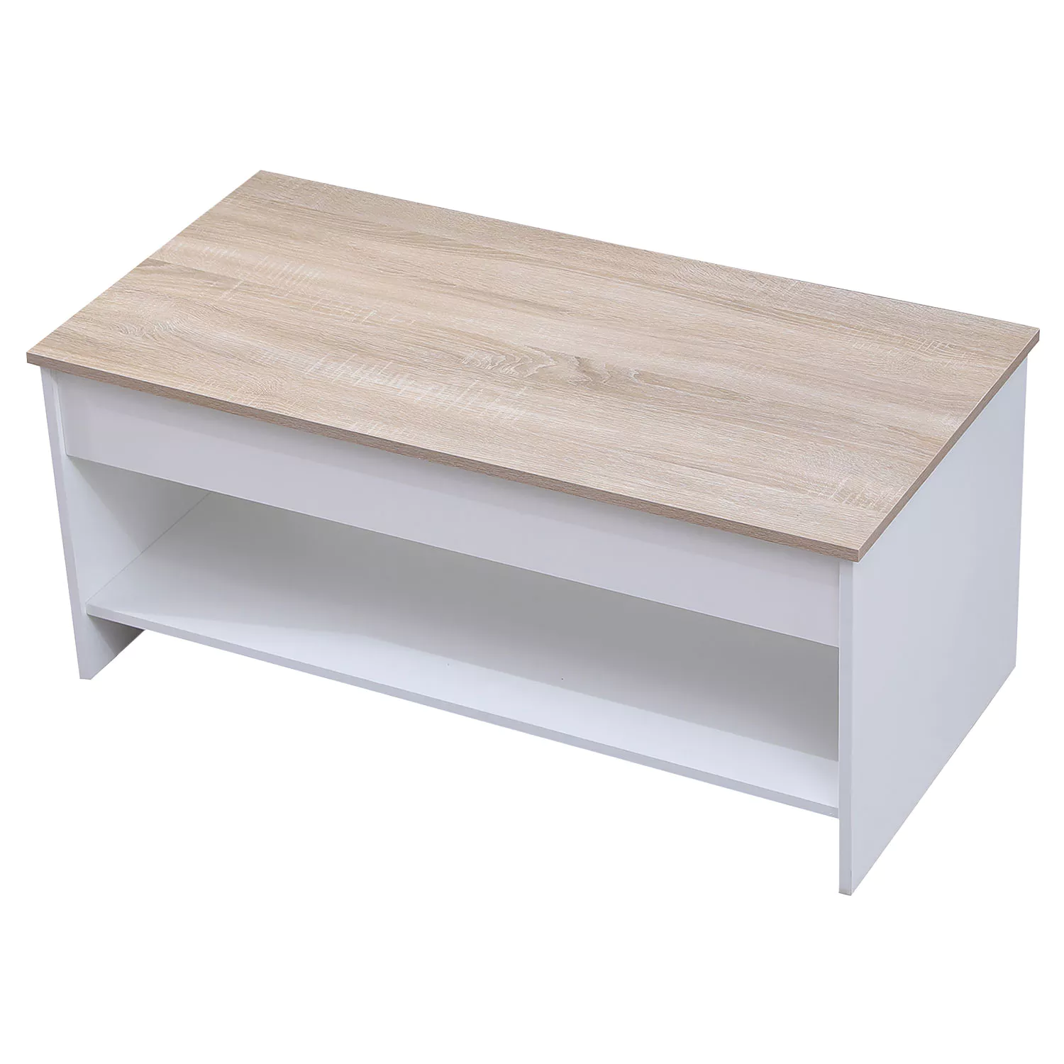 Mesa baja con tapa elevable blanca y madera HEDDA