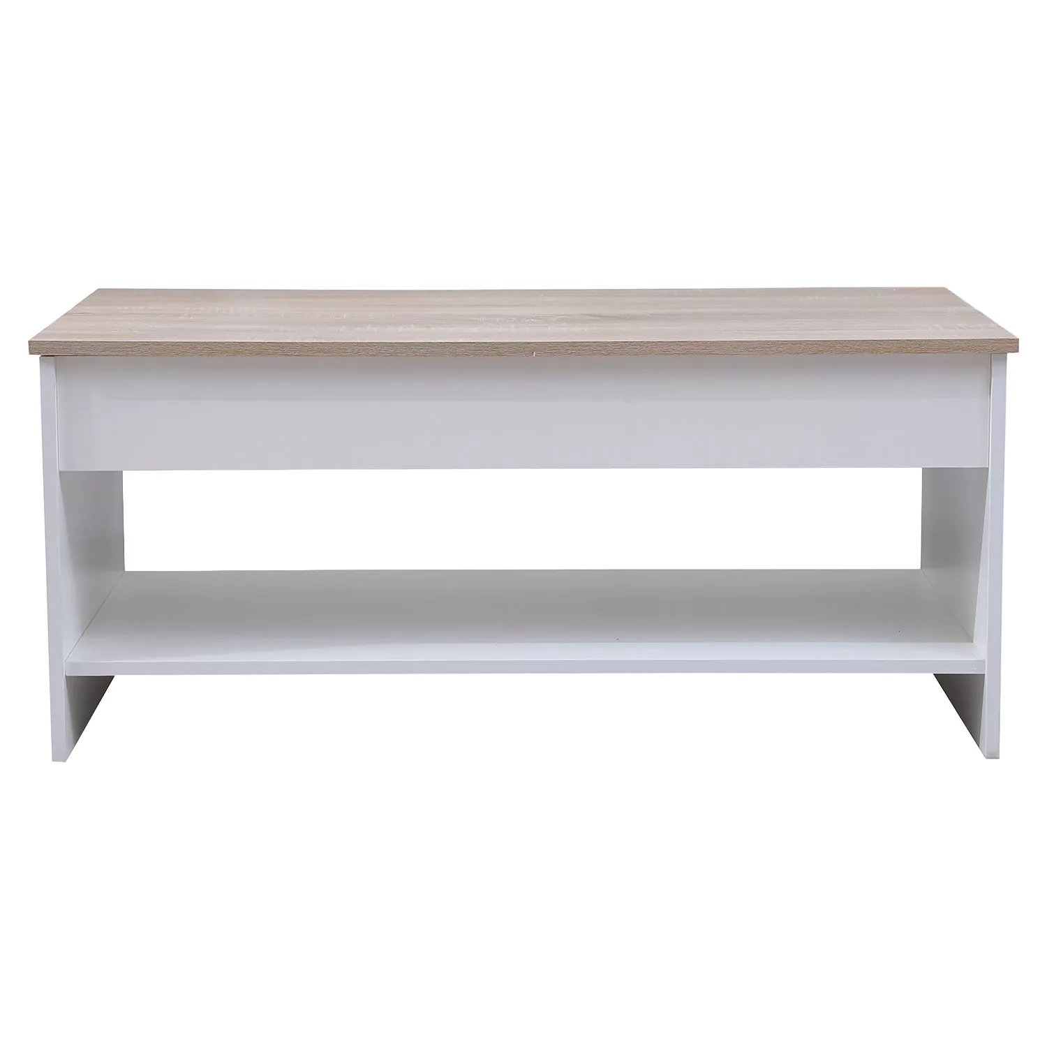 Mesa baja con tapa elevable blanca y madera HEDDA