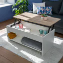 Mesa baja con tapa elevable blanca y madera HEDDA