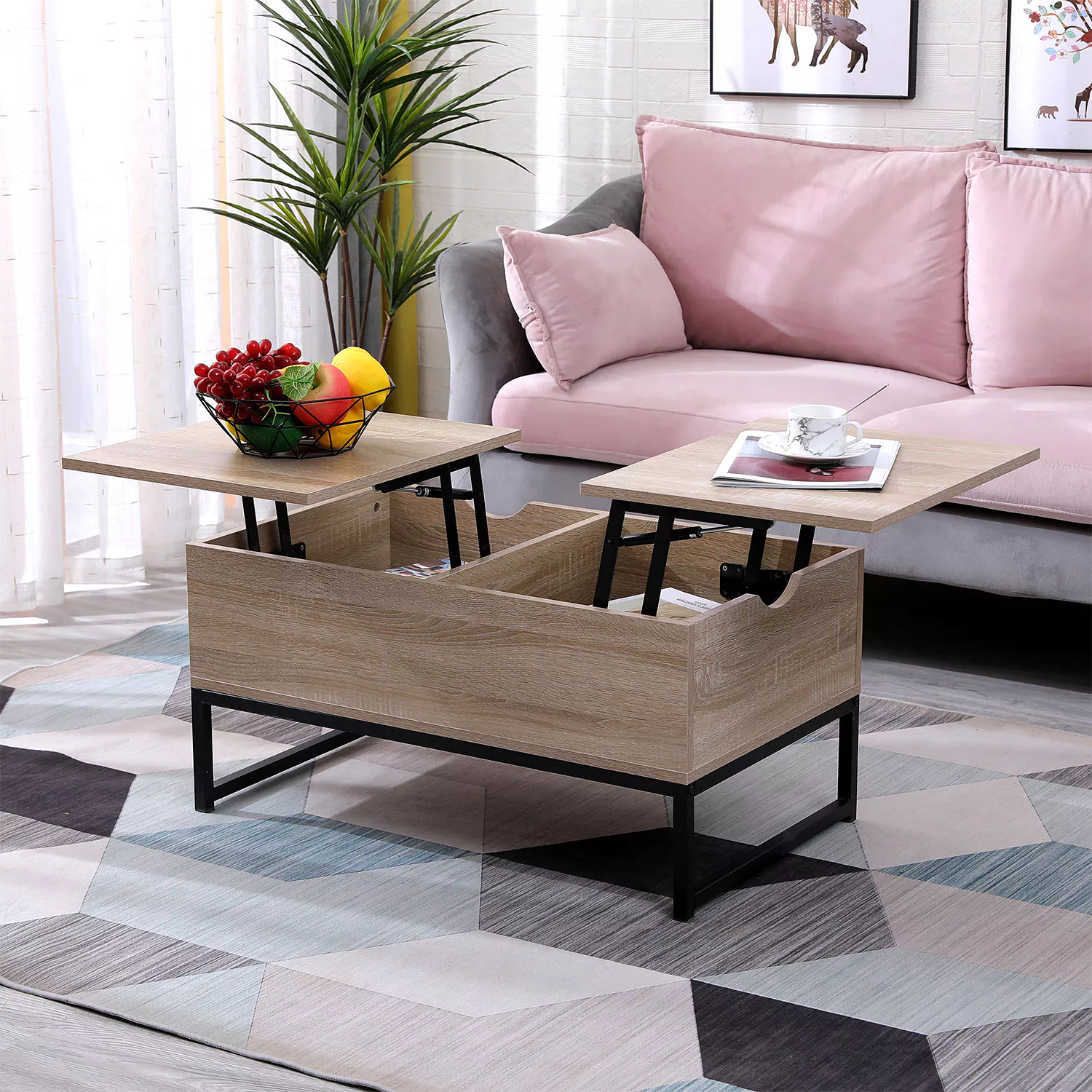 Table basse avec plateaux relevables noire et bois LOTTA