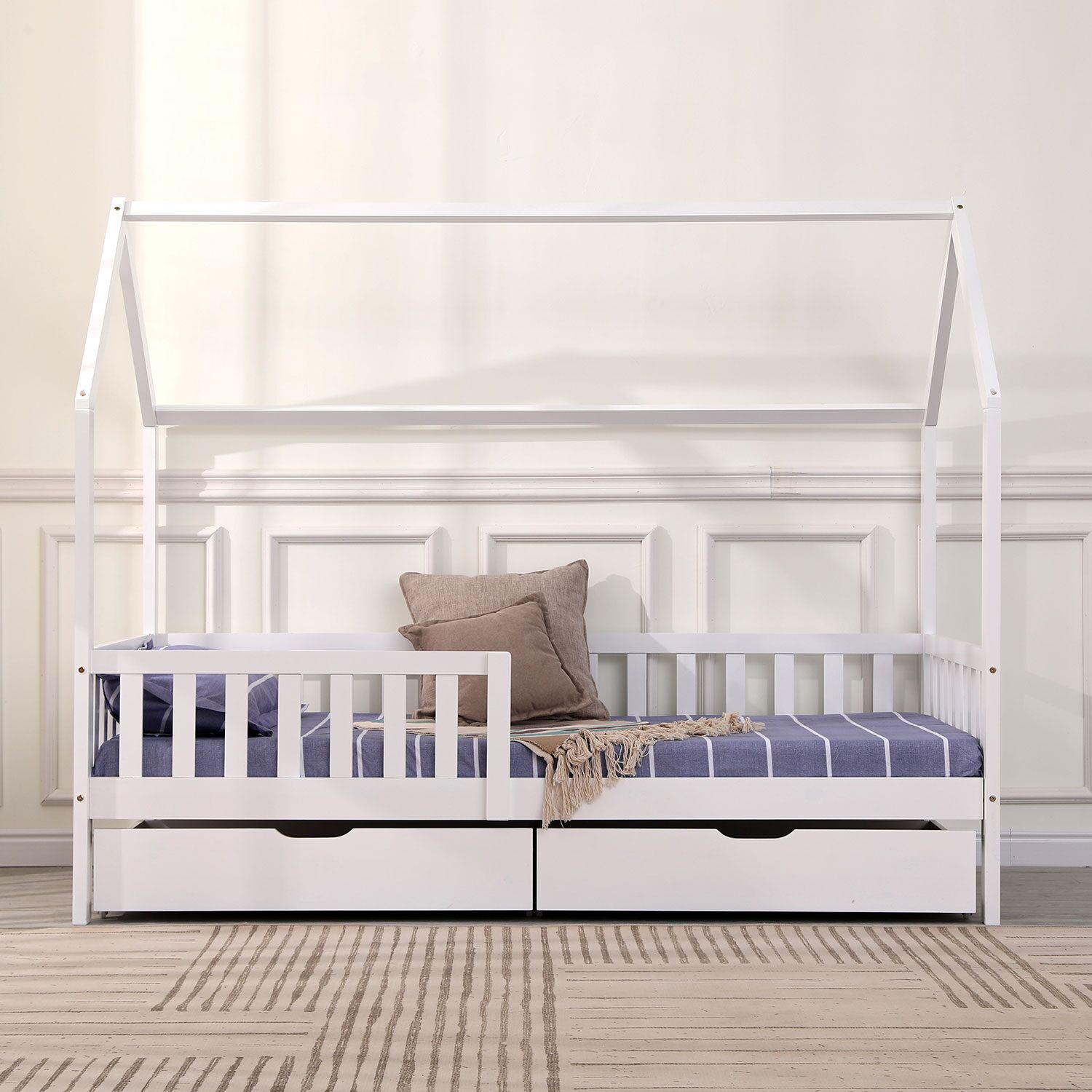Lit cabane pour enfant 190x90cm blanc avec tiroirs MARCEAU