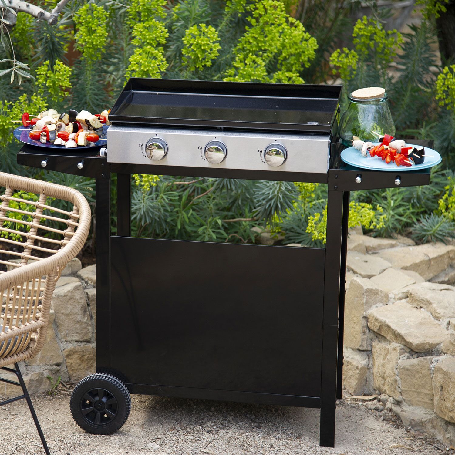 Plancha au gaz MÉRIDA 3 brûleurs + chariot