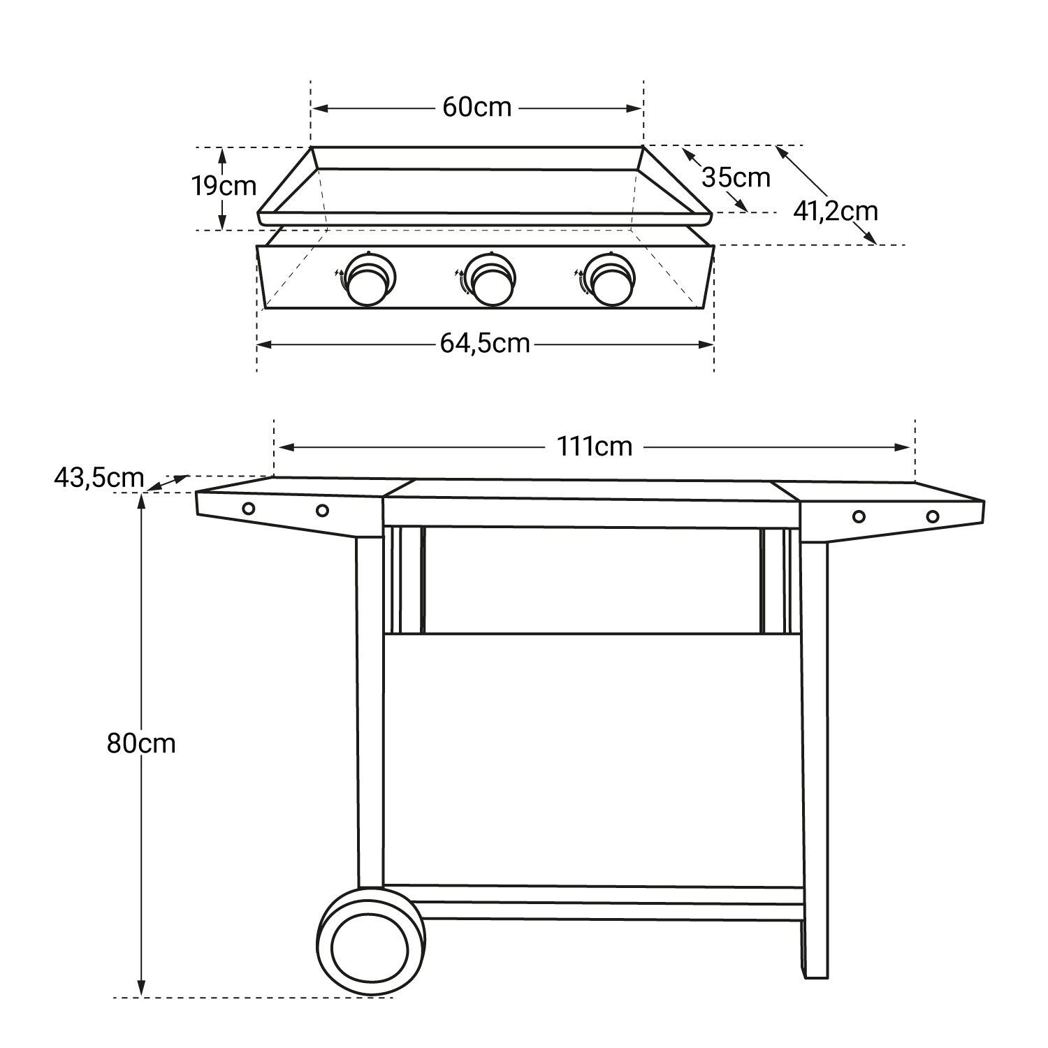 Plancha au gaz MÉRIDA 3 brûleurs + chariot