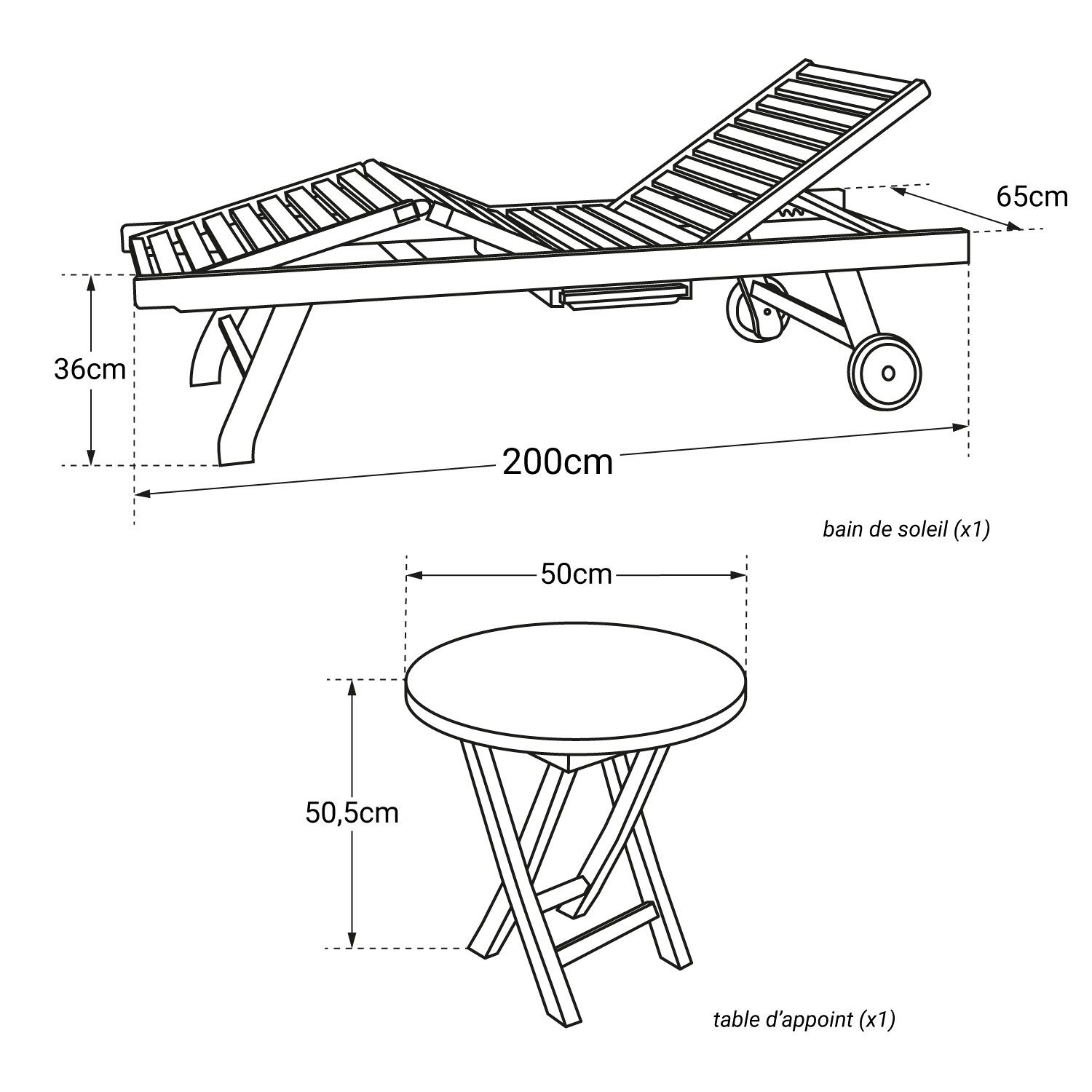 Ensemble bain de soleil pliant en teck avec table d'appoint LOMBOK