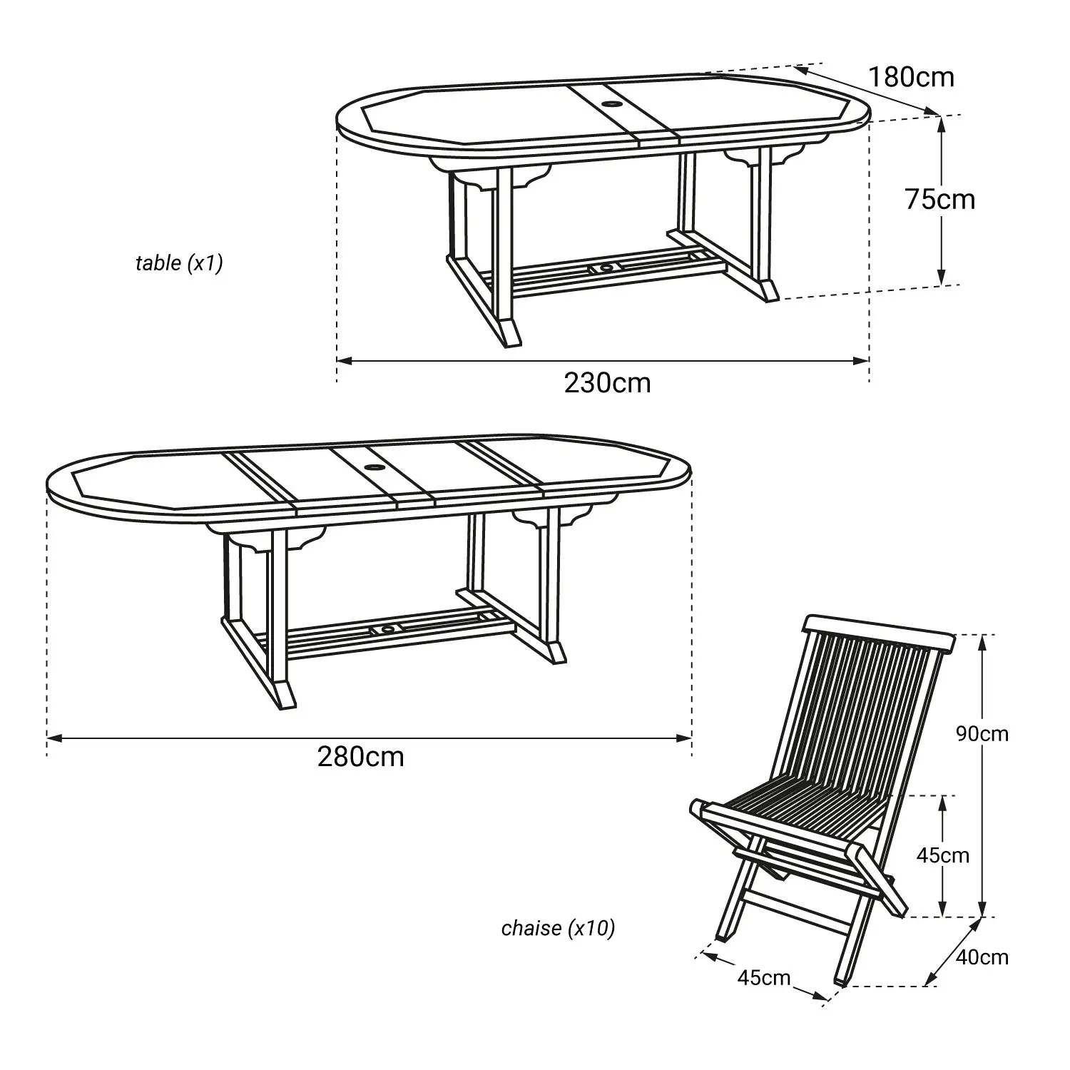Mobiliário de jardim em teca - mesa extensível oval - 10 lugares