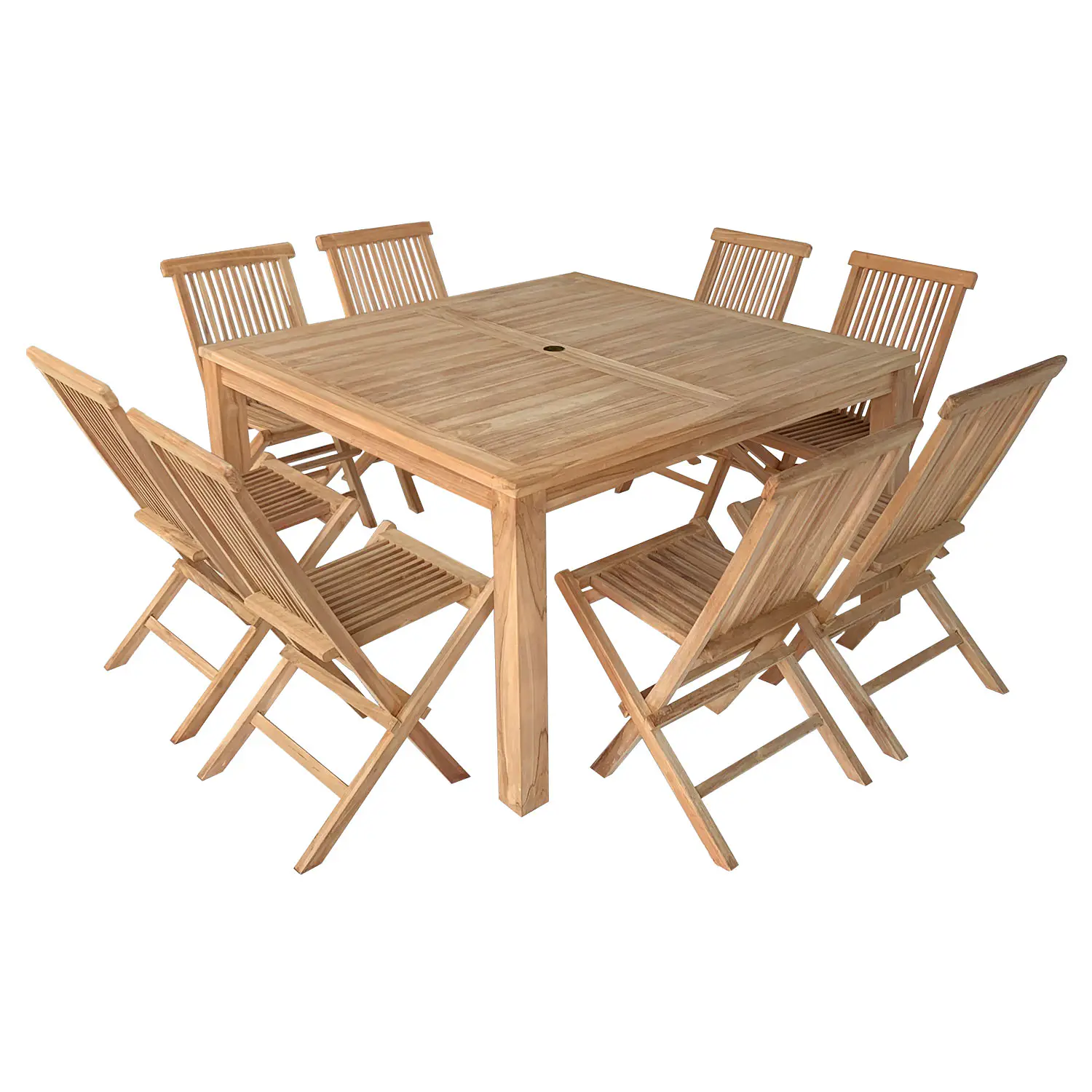 Salon de jardin en teck massif - table carrée et chaises pliantes - 8 places