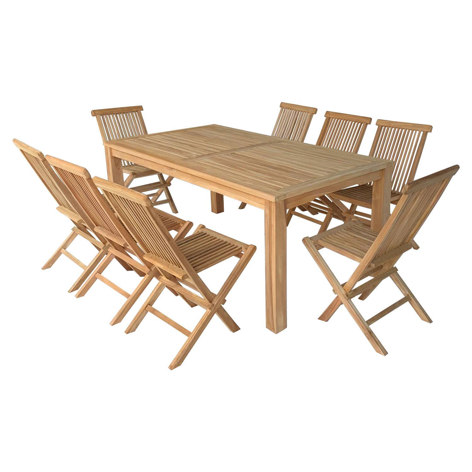 Salon de jardin en teck massif - table rectangulaire et chaises pliantes - 8 places