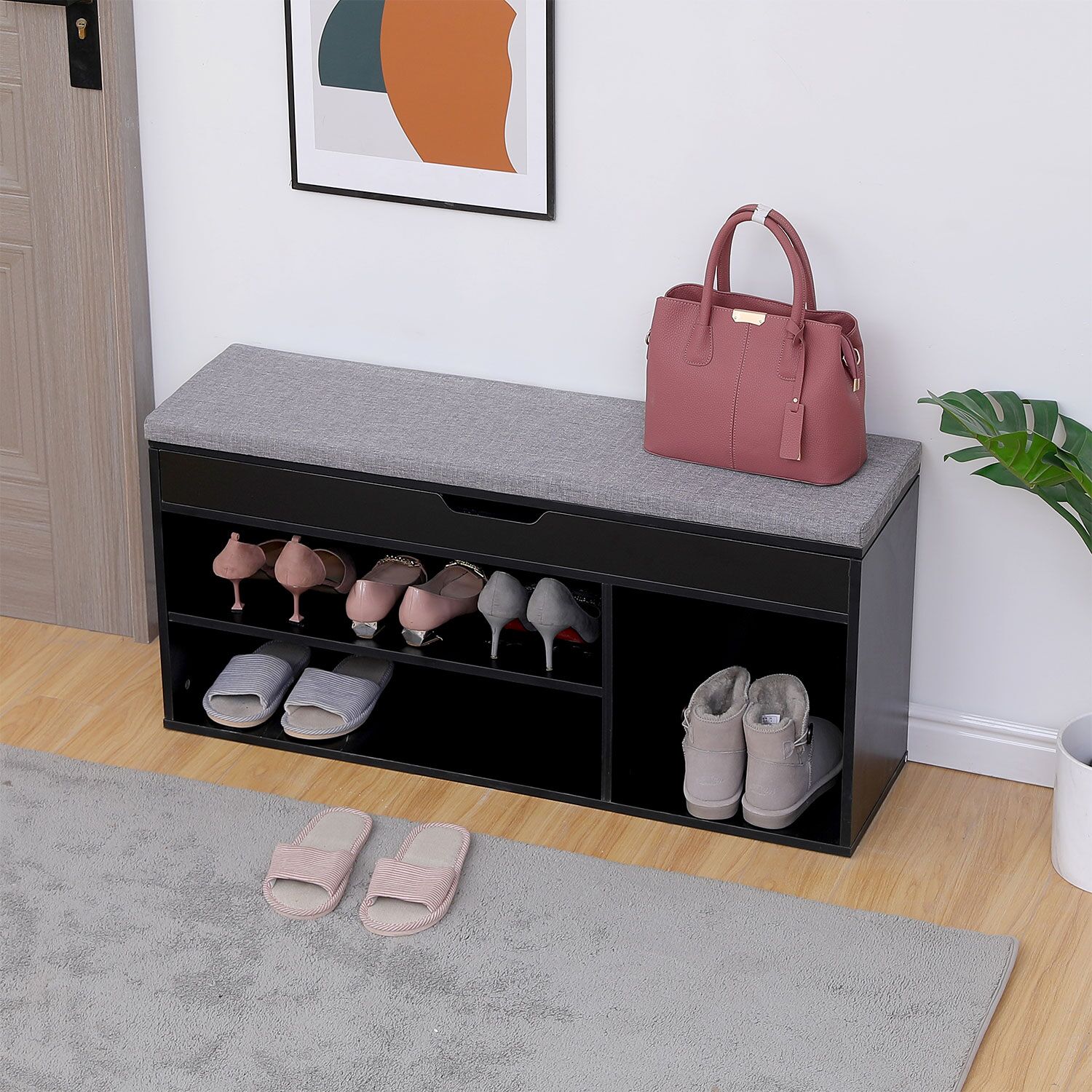 Meuble à chaussures trois casiers avec coffre noir ALAN