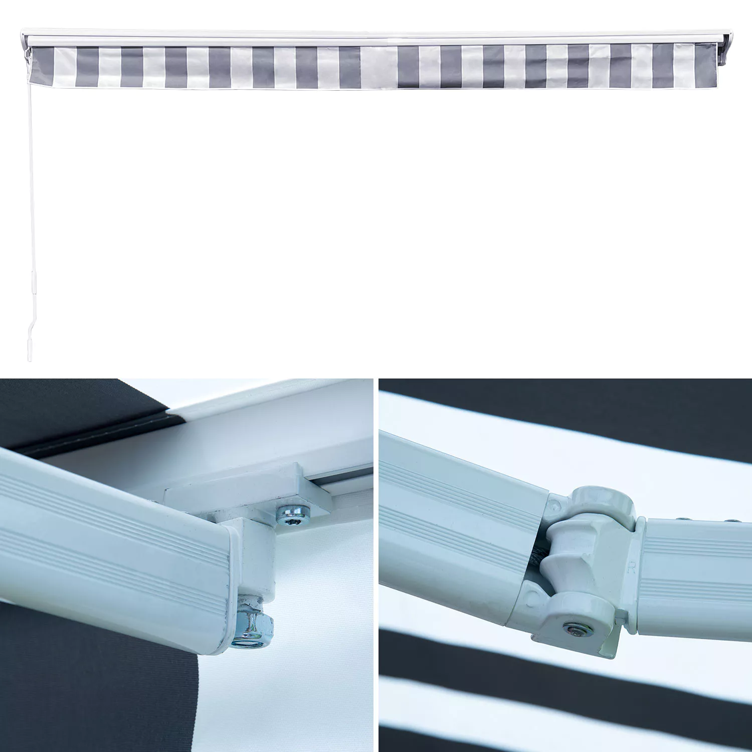 SAULE luifel 5 × 3 m met half luifel - Wit/grijs gestreept doek en witte structuur