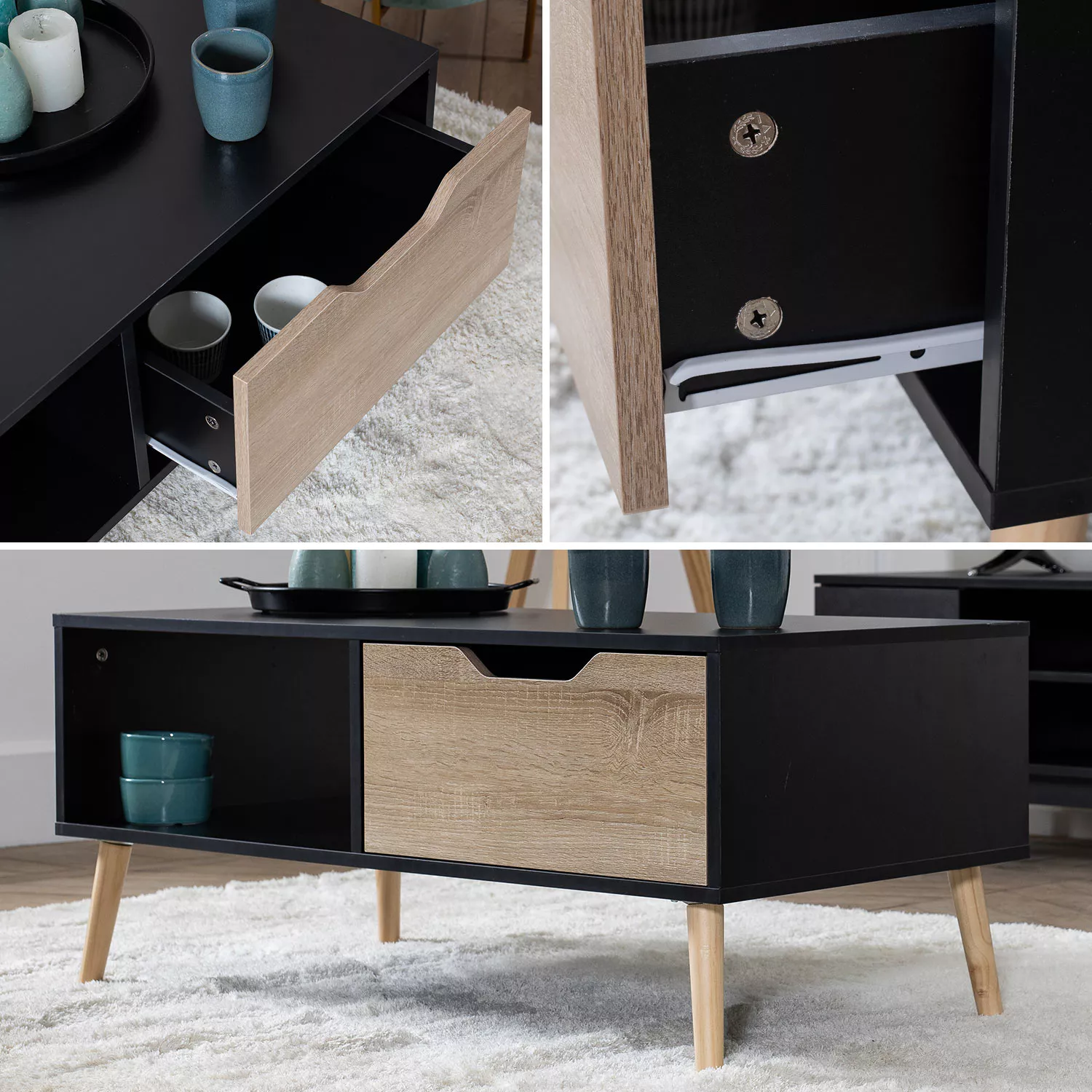 Table basse avec tiroir style scandinave noire FREJA