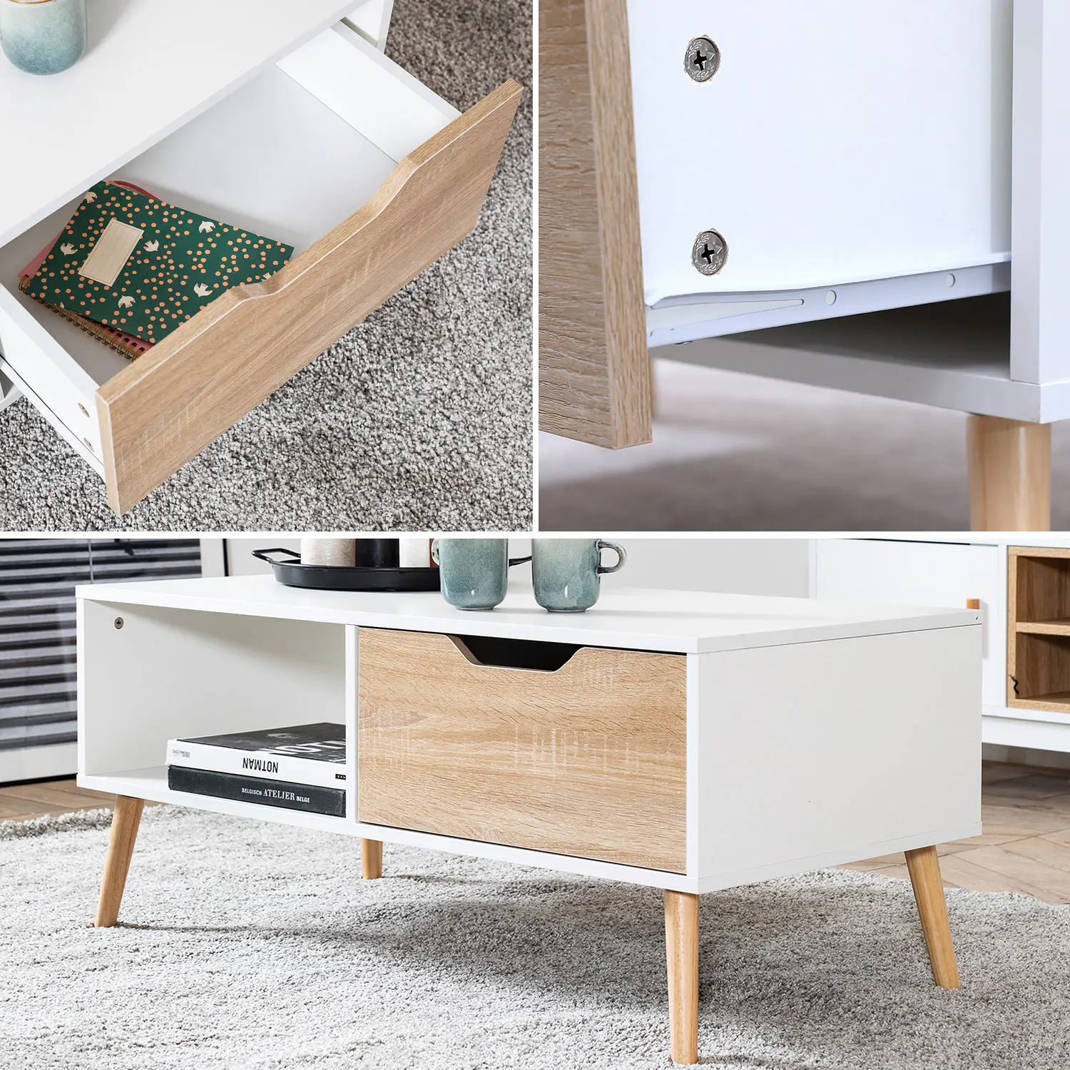 Mesa de café branca escandinava estilo escandinavo com gaveta