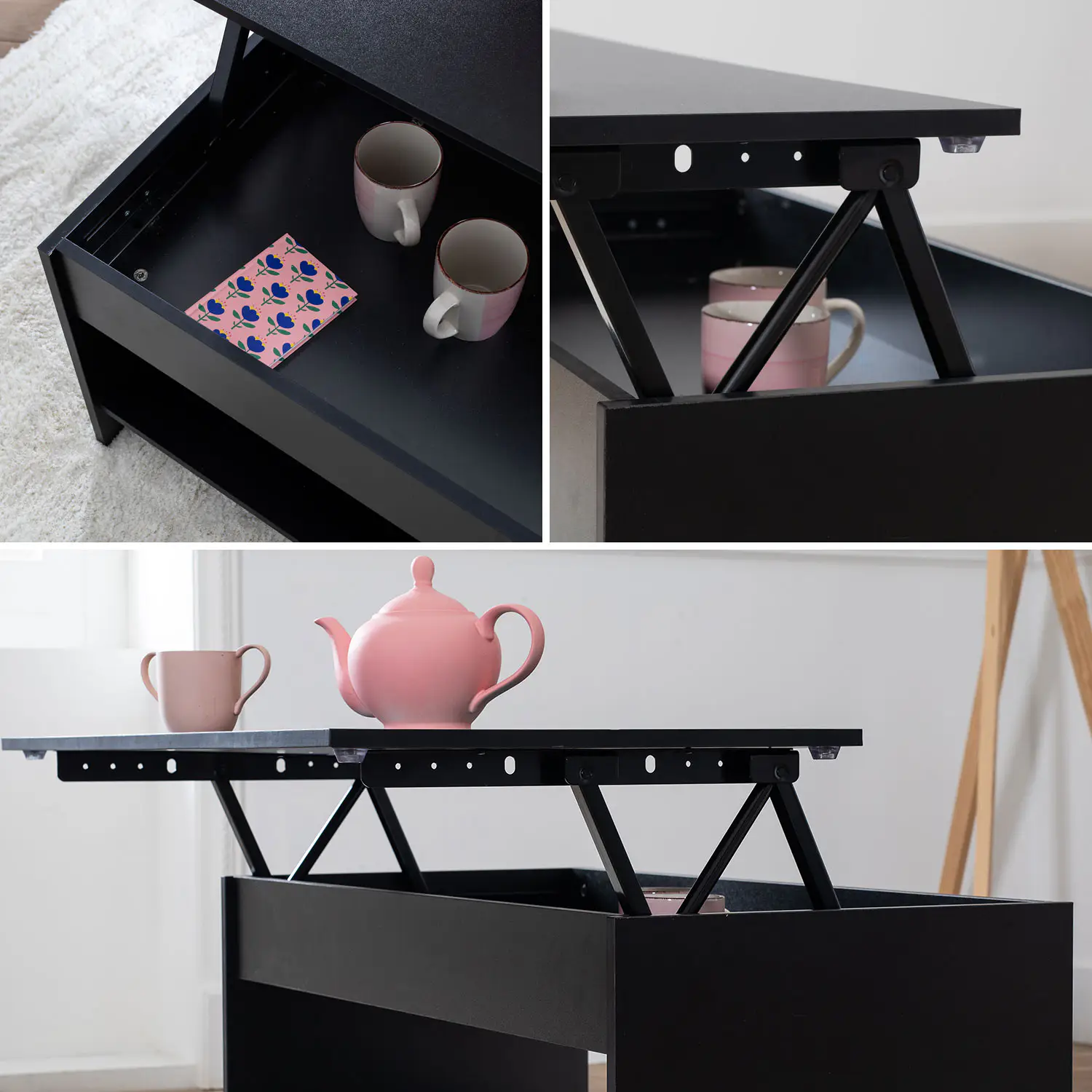 Tavolino con piano sollevabile, nero