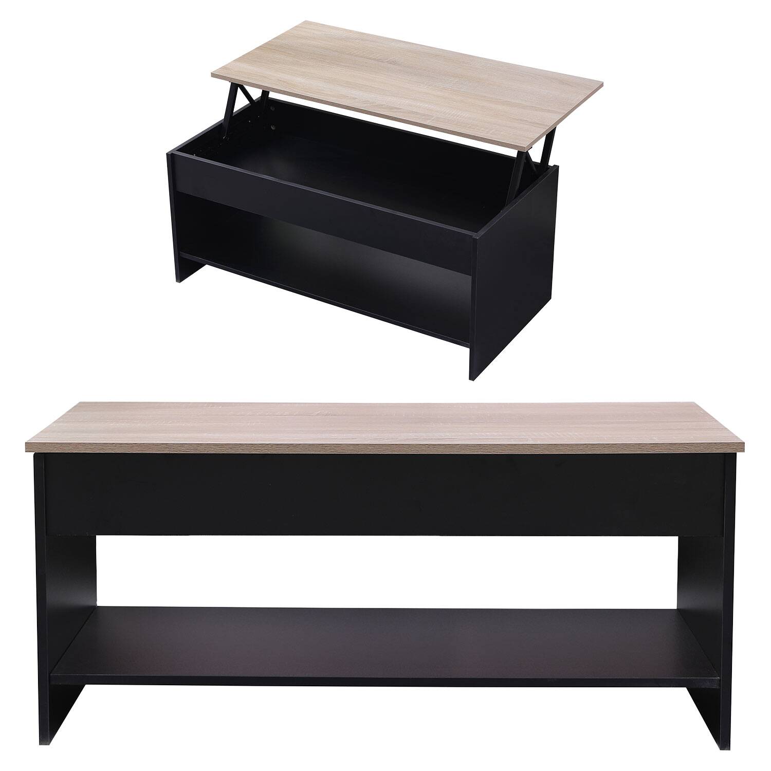 Table basse avec plateau relevable noire et bois
