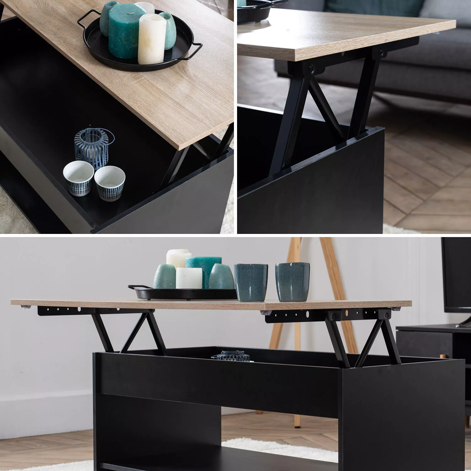 Table basse avec plateau relevable noire et bois HEDDA