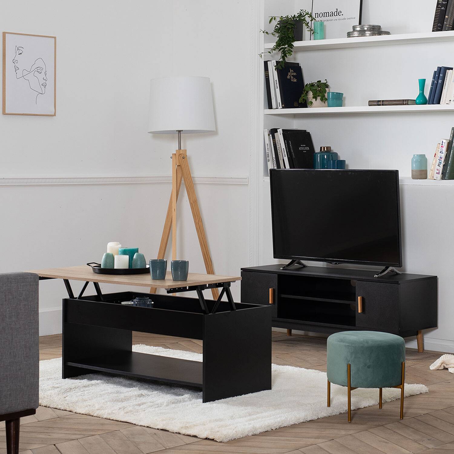 Table basse avec plateau relevable noire et bois