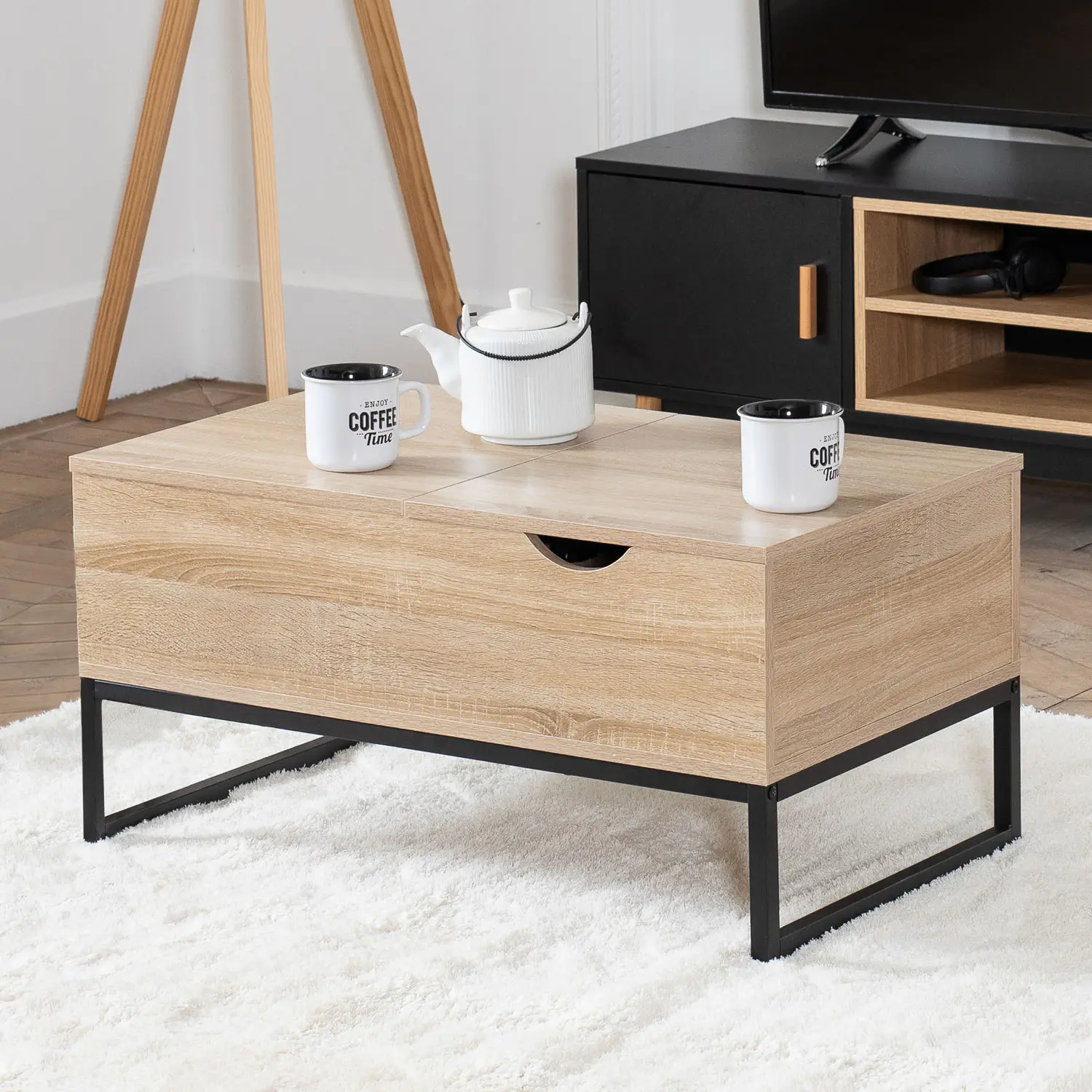 Mesa baja de madera con tapas elevadoras