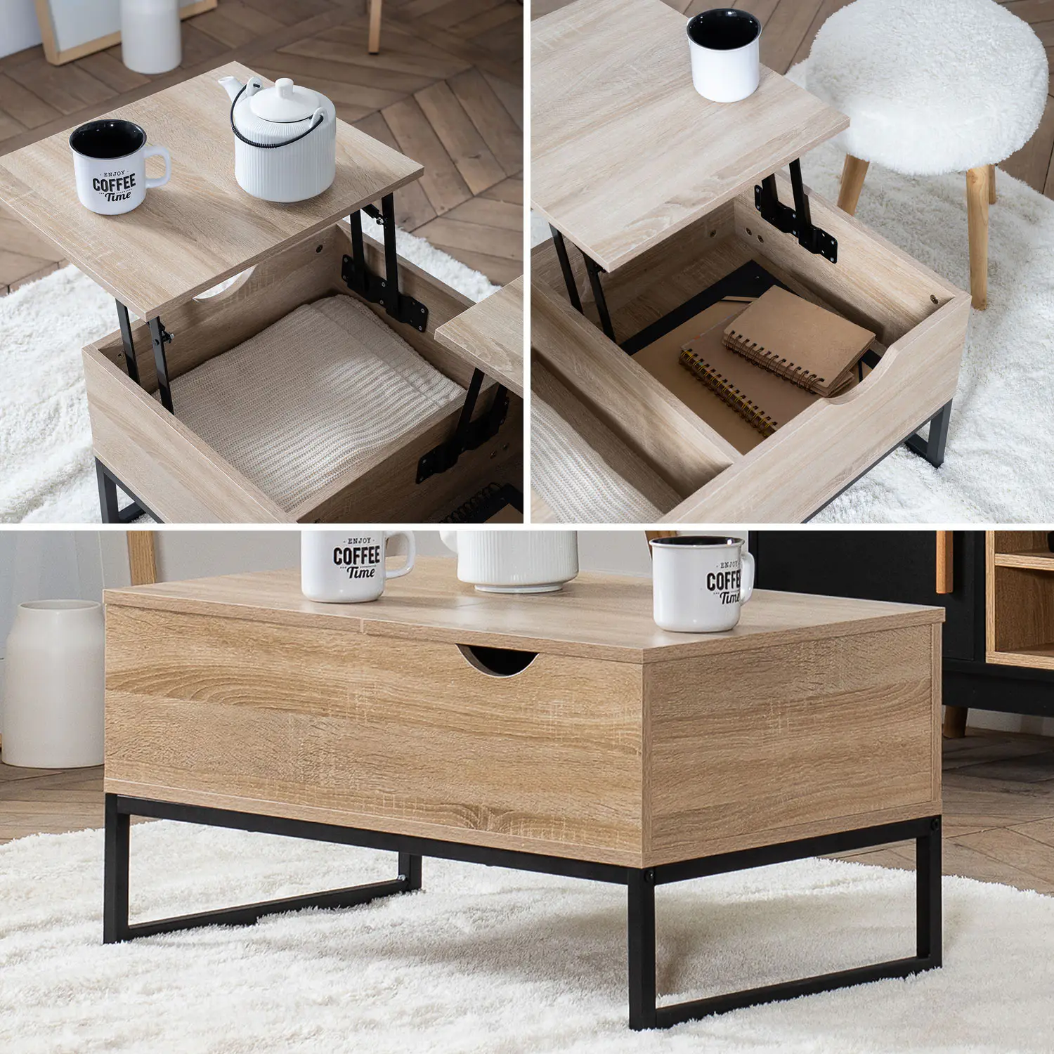 Mesa baja de madera con tapas elevadoras