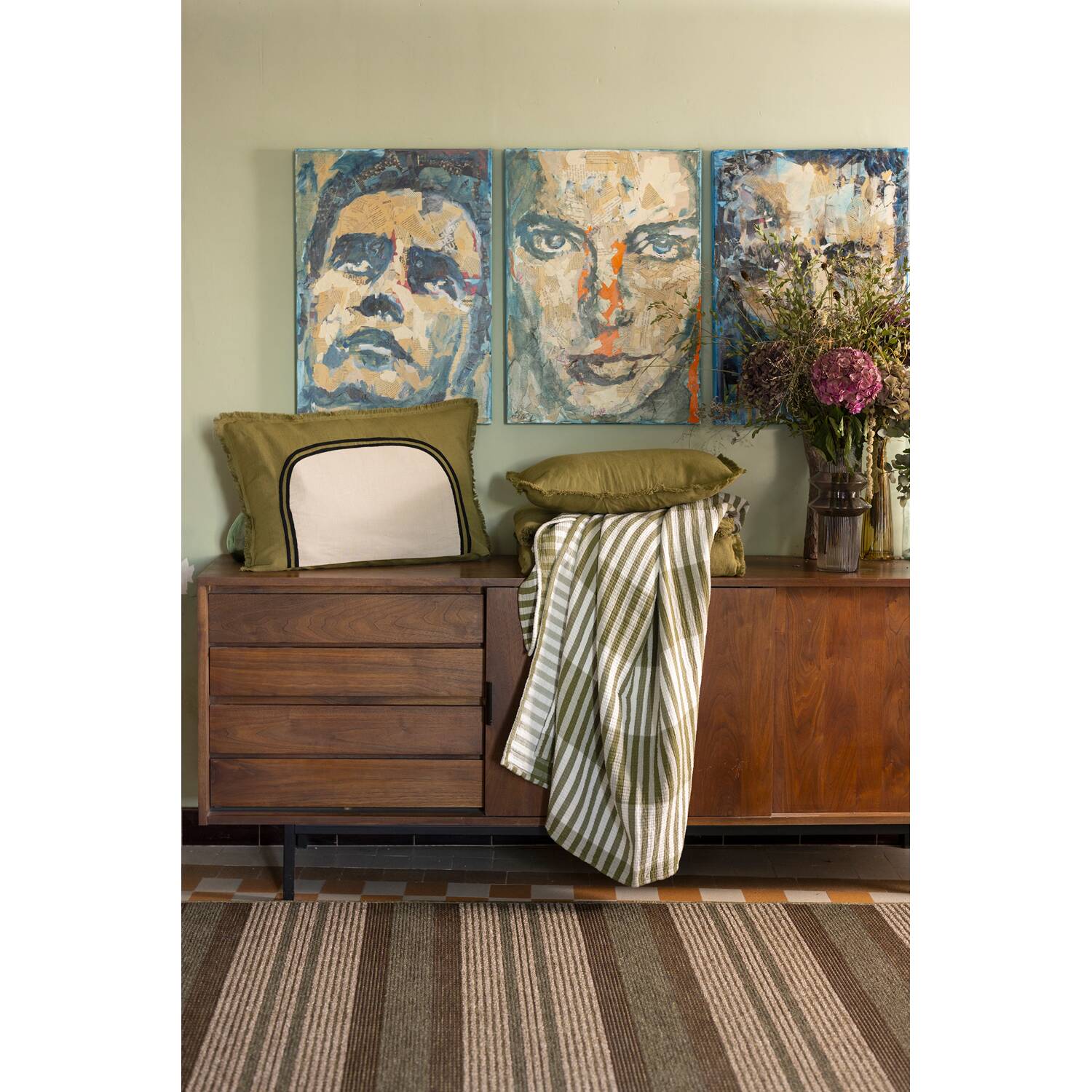 Plaid Vivaraise Calista en coton 100%, olive, 137 x 180 cm
