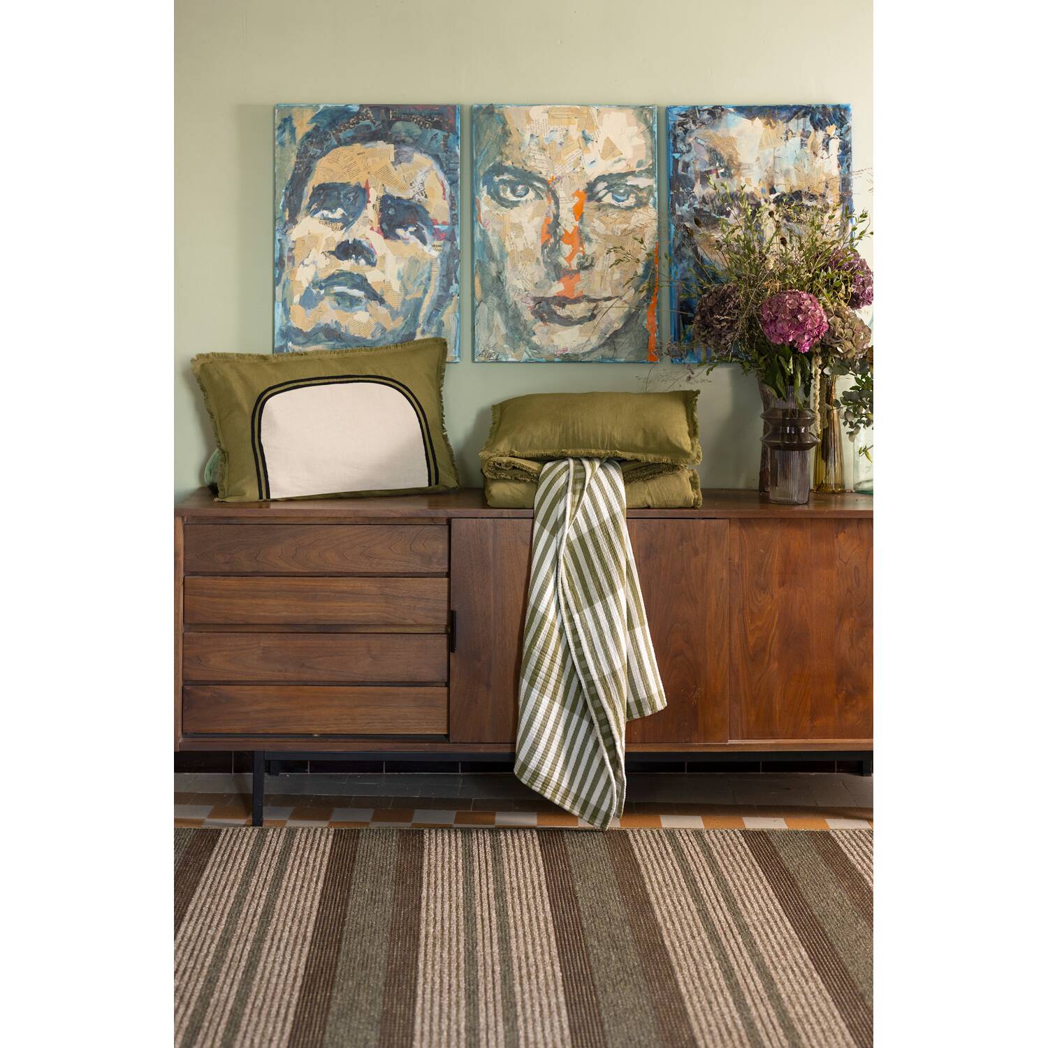 Plaid Vivaraise Calista en coton 100%, olive, 137 x 180 cm